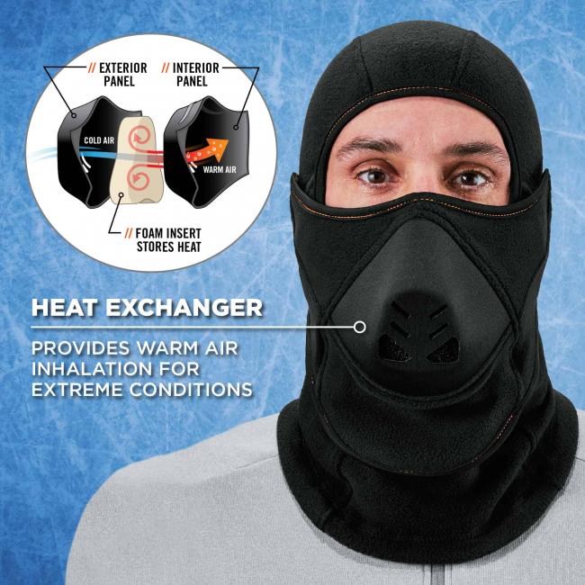 Heat exchanger: provides warm air inhalation for extreme conditions. Diagram shows exterior and interior panels converting cold air to warm air as it passes through the foam insert. 