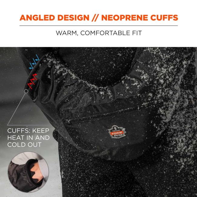 Angled design // neoprene cuffs: warm, comfortable fit. Arrow points to cuff keeping cold out and heat in. 
