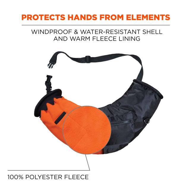 Protects hands from elements: Windproof & water-resistant shell and warm fleece lining. Line says 100% polyester fleece and points to orange fleece. 