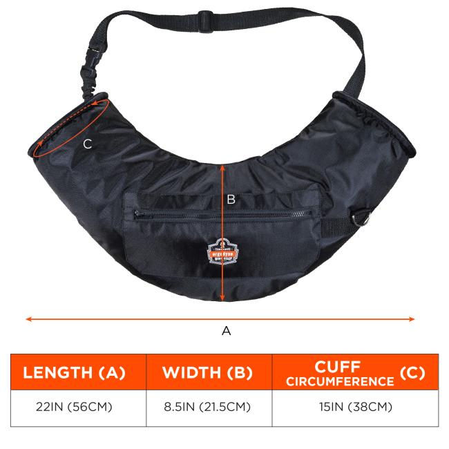 Size chart. Length (A): 22IN (56CM) Width (B): 8.5IN (21.5CM) Cuff Circumference (C): 15IN (38CM)