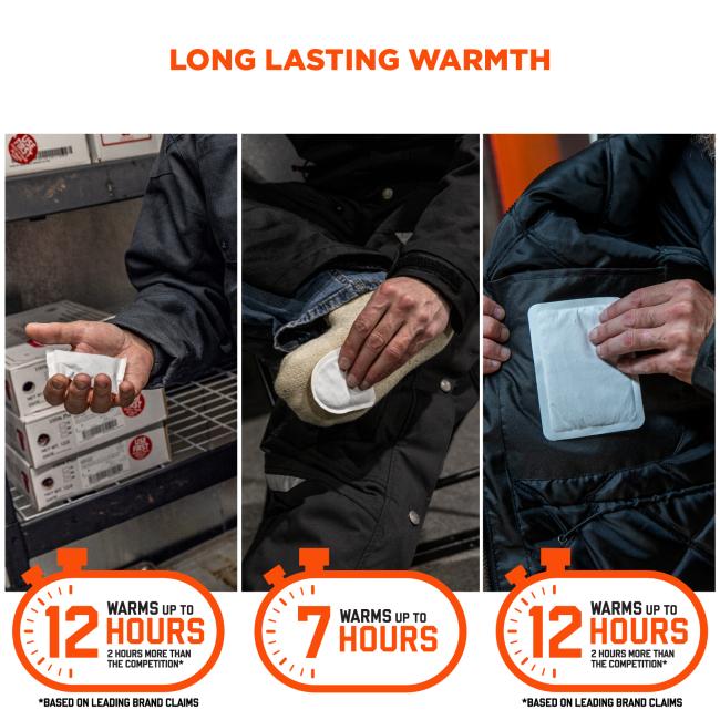Long lasting warmth. Hand warmers warms up to 12 hours, 2 hours more than the competition (based on leading brand claims). Toe warmers warms up to 7 hours. Body warmers warms up to 12 hours (2 hours more than the competition).