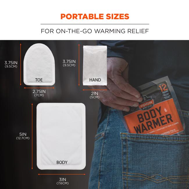 Portable sizes for on-the-go warming relief. Toe 3.75in (9.5cm) x 2.75 (7cm). Hand 3.75in (9.5cm) x 2in (5cm). Body 5in (12.7cm) x 3in (7.6cm)