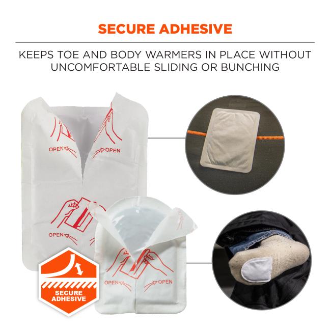 Secure adhesive keeps toe and body warmers in place without uncomfortable sliding or bunching. Secure adhesive badge.