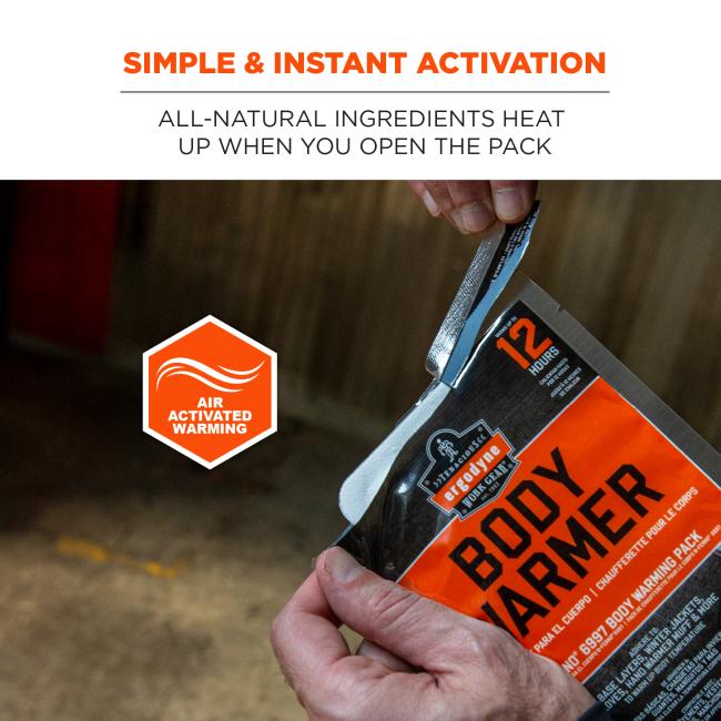 Simple and instant activation. All-natural ingredients heat up when you open the pack. Air activated warming budge.