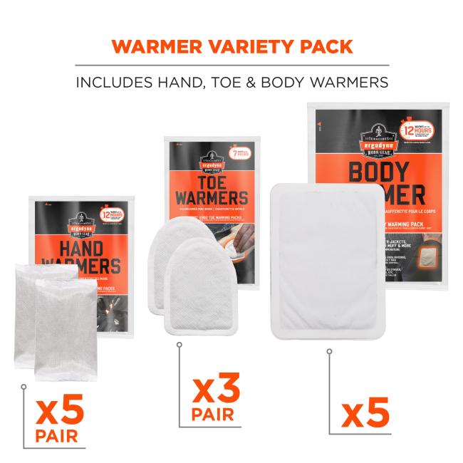 Warmer variety pack includes hand, toe and body warmers. 5 pairs of hand warmers, 3 pairs of toe warmers, 5 body warmers.