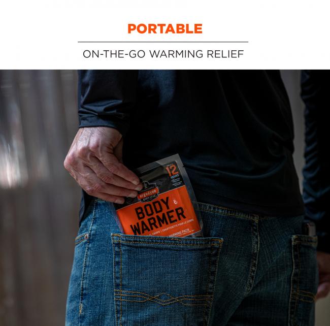 Portable: on-the-go warming relief. Image shows person pulling warmer out of back pocket. 