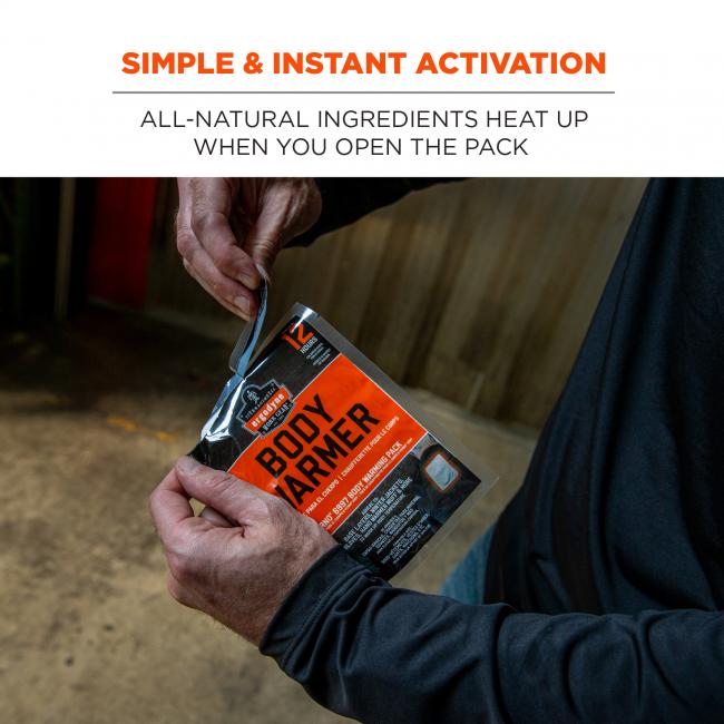 Simple and instant activation: all-natural ingredients heat up when you open the pack. Image shows person ripping open package. 