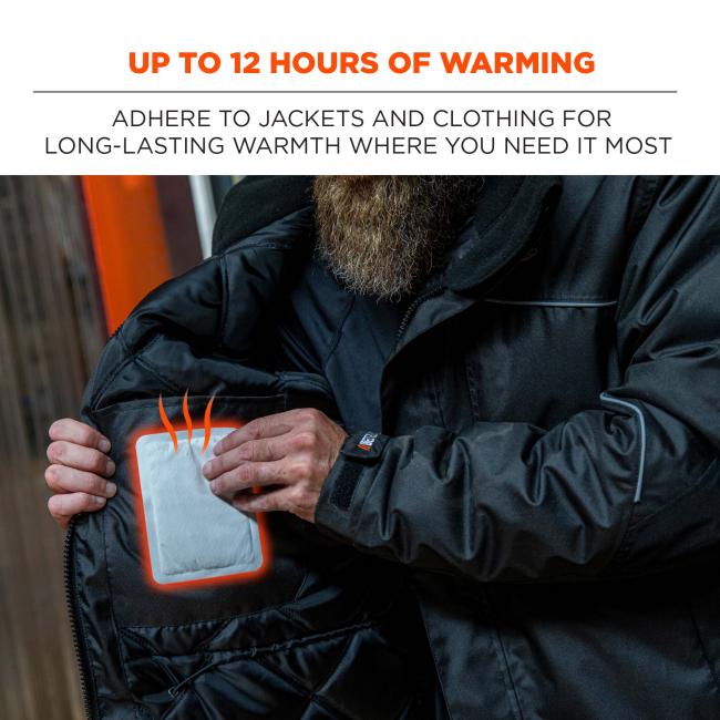 Up to 12 hours of warming: adhere to jackets and clothing for long-lasting warmth where you need it most