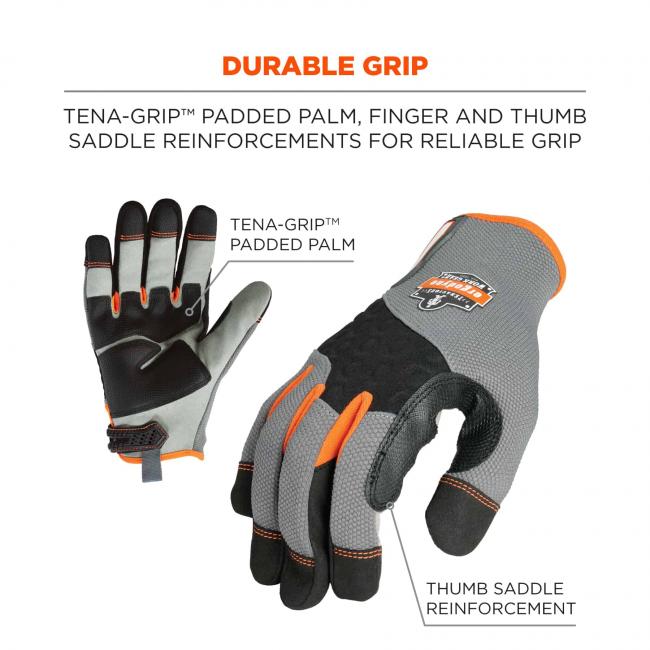 Durable grip: Tena-Grip padded palm, finger and thumb saddle reinforcements for reliable grip. Arrows point to Tena-Grip padded palm and thumb saddle reinforcement.