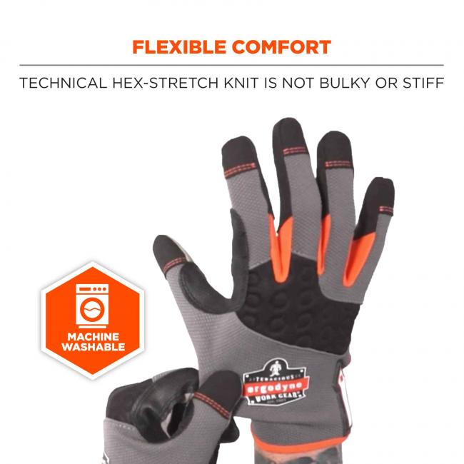 Flexible comfort: Technical hex-stretch knit is not bulky or stiff. Icon says machine washable