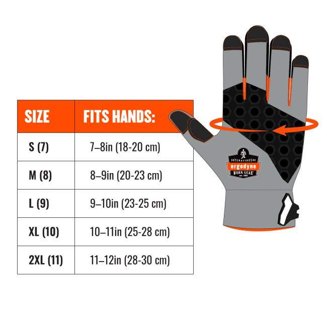 Size chart. Size XS(6) fits hands: up to 7in(18cm). Size S(7) fits hands: 7-8in(18-20cm). Size M(8) fits hands: 8-9in(20-23cm). Size L(9) fits 9-10in(23-25cm). Size XL(10) fits hands: 10-11in(25-28in). Size 2XL(11) fits hands: 11-12in(28-30cm). Size 3XL(12) fits hands: 12-13in(30-32cm). 