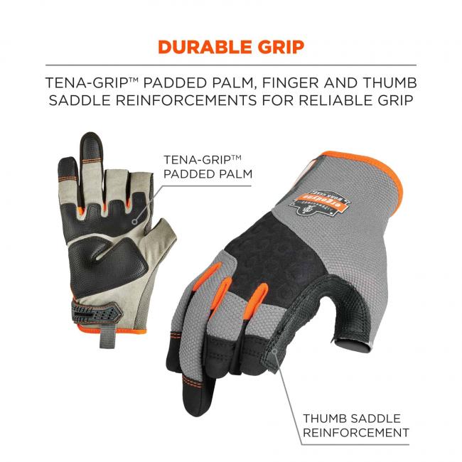 Durable grip: Tena-Grip padded palm, finger and thumb saddle reinforcements for reliable grip. Lines point to Tena-Grip padded palm and thumb saddle reinforcement.