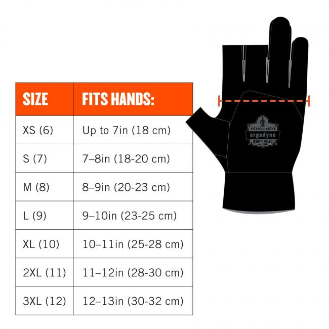 Size chart. Size XS(6) fits hands: up to 7in(18cm). Size S(7) fits hands: 7-8in(18-20cm). Size M(8) fits hands: 8-9in(20-23cm). Size L(9) fits 9-10in(23-25cm). Size XL(10) fits hands: 10-11in(25-28in). Size 2XL(11) fits hands: 11-12in(28-30cm). Size 3XL(12) fits hands: 12-13in(30-32cm). 