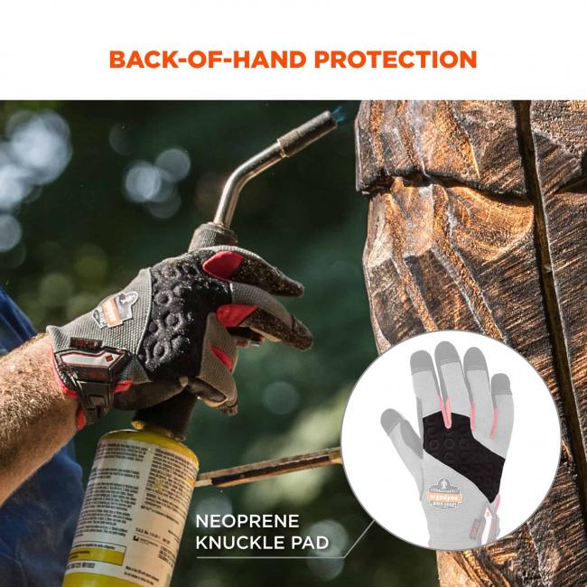 Back-of-hand protection. Circle calls out neoprene knuckle pad.