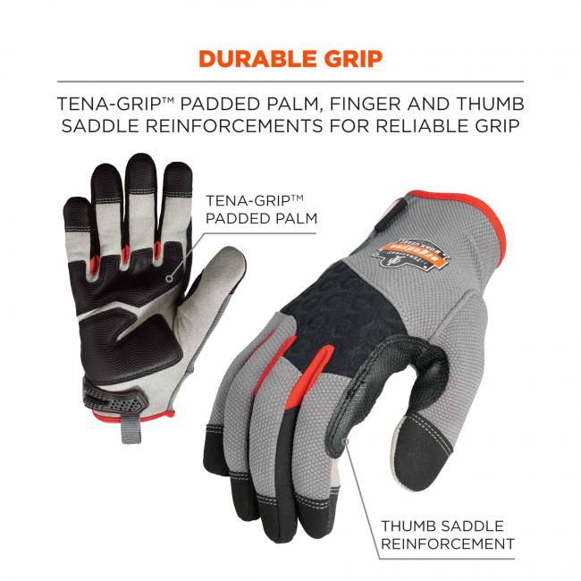 Durable grip: Tena-Grip padded palm, finger and thumb saddle reinforcements for reliable grip. Arrows point to gloves and say Tena-Grip padded palm and thumb saddle reinforcement.