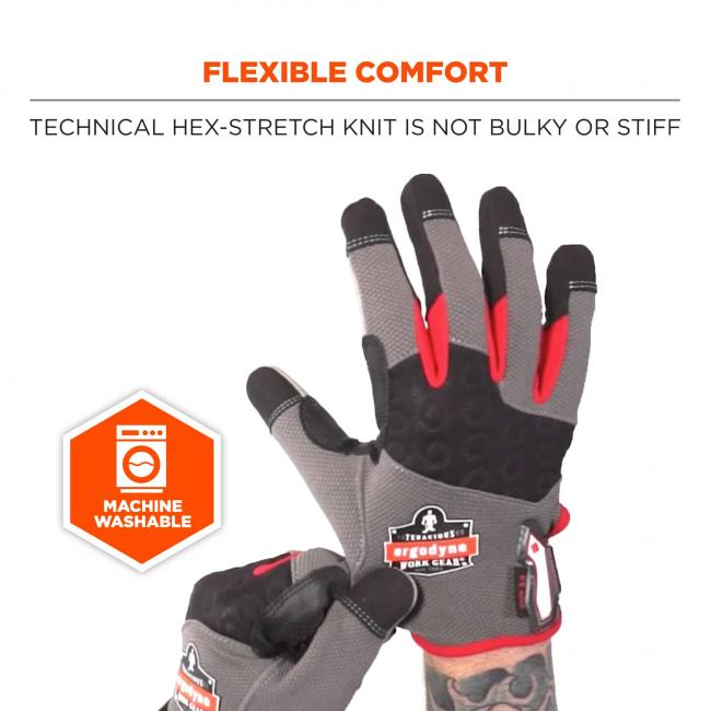 Flexible comfort: Technical hex-stretch knit is not bulky or stiff. Icon says machine washable.