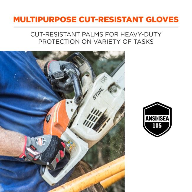 Multipurpose cut-resistant gloves: cut-resistant palms for heavy-duty protection on variety of tasks. Icon says ANSI A4