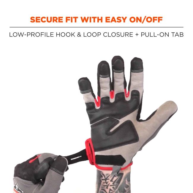 Secure fit with easy on/off: low profile hook & loop closure + pull-on tab