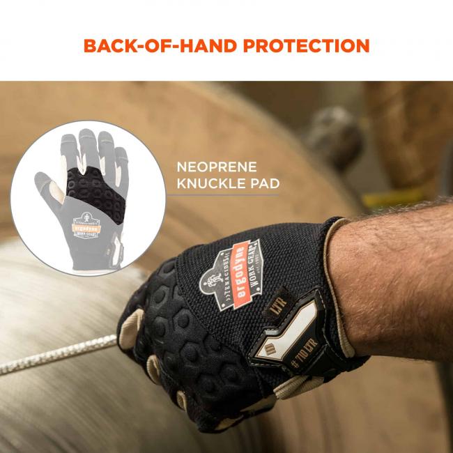 Back-of-hand protection. Arrow and circle detail knuckle pad.