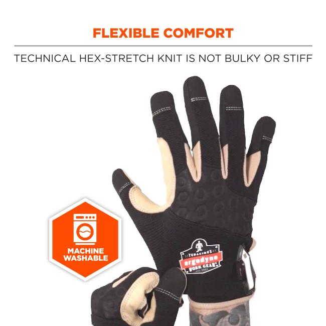 Flexible comfort: technical hex-stretch knit is not bulky or stiff. Icon says machine washable. 