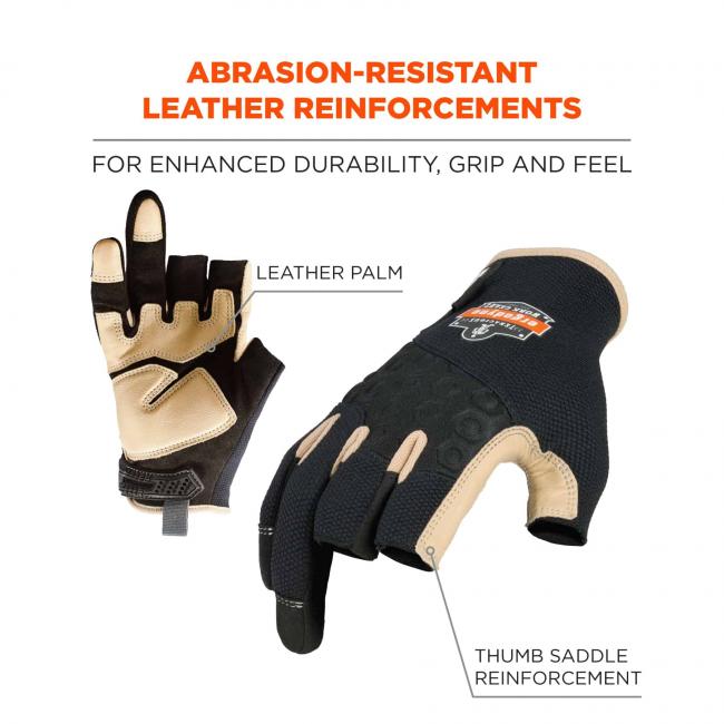 Abrasion-resistant leather reinforcements: for enhanced durability, grip and feel. Arrows pointing to gloves say leather palm and thumb saddle reinforcement.