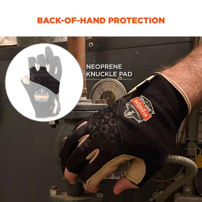 Back-of-hand protection. Arrow and circle detail knuckle pad.