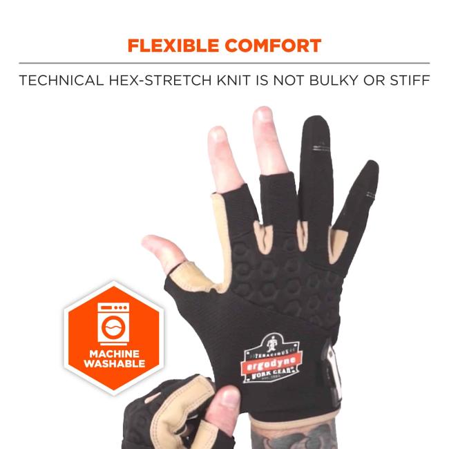 Flexible comfort: technical hex-stretch knit is not bulky or stiff. Icon says machine washable.