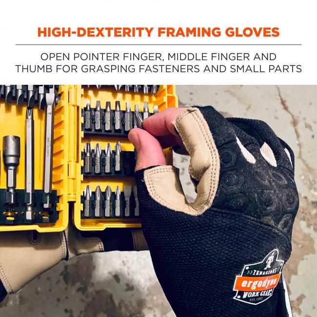 High-dexterity framing gloves: open pointer finger, middle finger and thumb for grasping fasteners and small parts