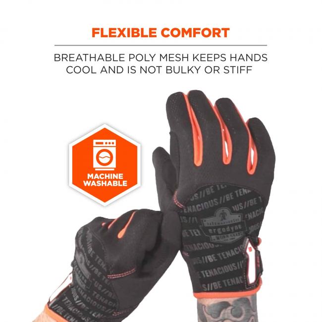 Flexible comfort: Breathable poly mesh keeps hands cool and is not bulky or stiff. Icon says machine washable.