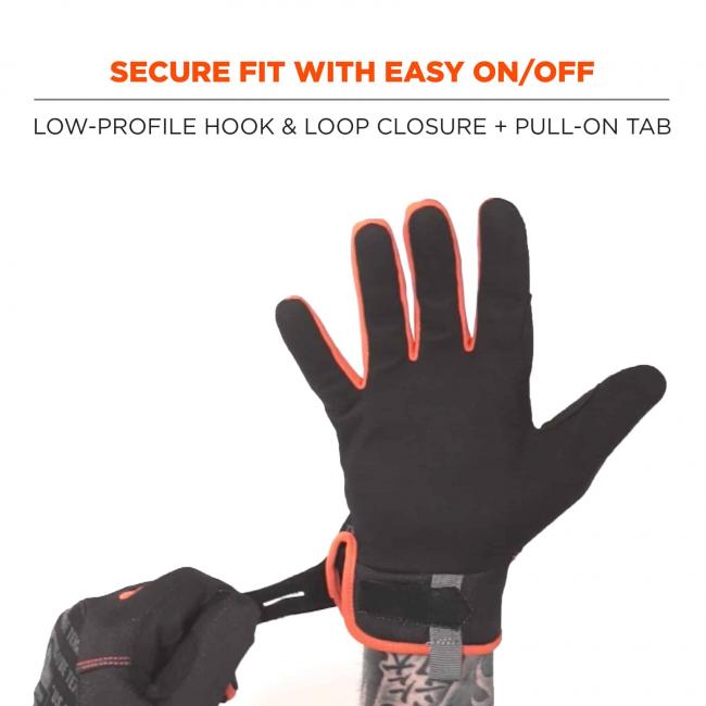 Secure fit with easy on/off: low-profile hook & loop closure + pull-on tab.