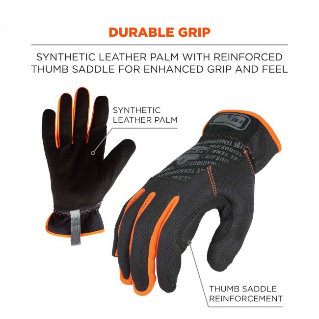 Durable grip: Synthetic leather palm with reinforced thumb saddle for enhanced grip and feel. Arrows point to synthetic leather palm and thumb saddle reinforcement.