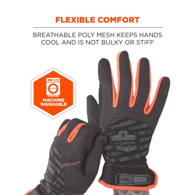 Flexible comfort: Breathable poly mesh keeps hands cool and is not bulky or stiff. Icon says machine washable.