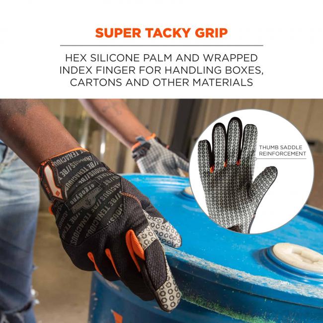 Super tacky grip: hex silicone palm and wrapped index finger for handling boxes cartons and other materials. Arrow and circle say thumb saddle reinforcement.