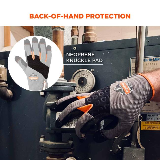 Back-of-hand protection. Circle calls out neoprene knuckle pad.