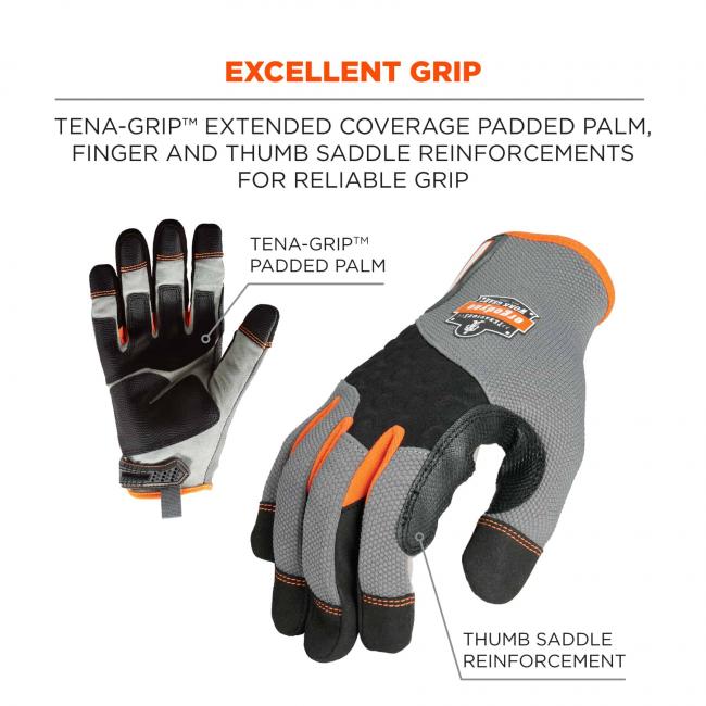 Excellent grip: Tena-Grip extended coverage padded palm, finger and thumb saddle reinforcements for reliable grip. Arrows point to gloves and say Tena-Grip padded palm and thumb saddle reinforcement.