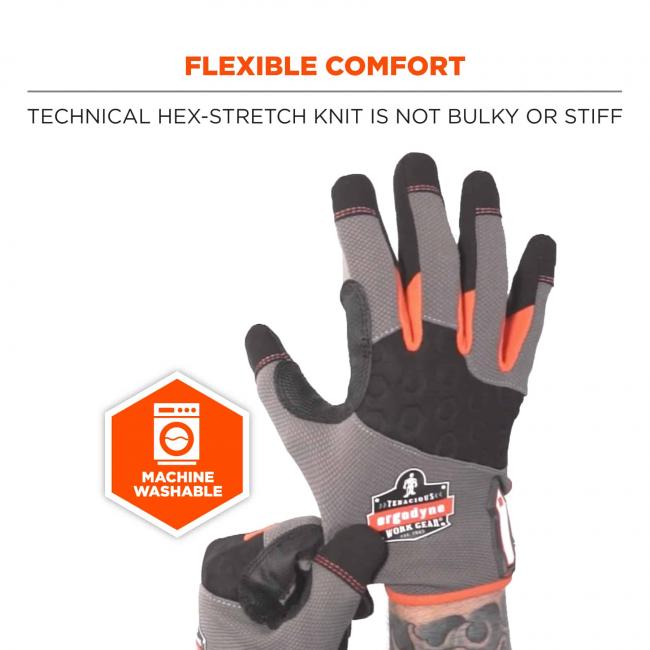 Flexible comfort: Technical hex-stretch knit is not bulky or stiff. Icon says machine washable.
