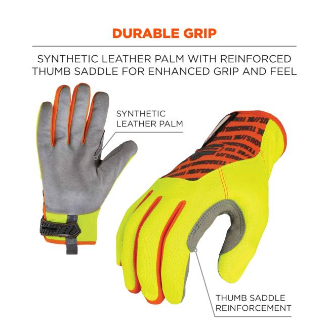 Durable grip: Synthetic leather palm with reinforced thumb saddle for enhanced grip and feel. Arrows point to synthetic leather palm and thumb saddle reinforcement.