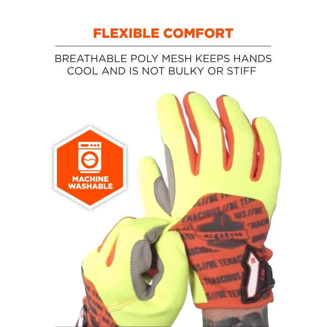 Flexible comfort: Breathable poly mesh keeps hands cool and is not bulky or stiff. Icon says machine washable.