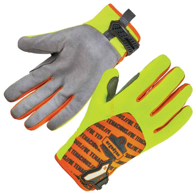 Front and back of gloves.