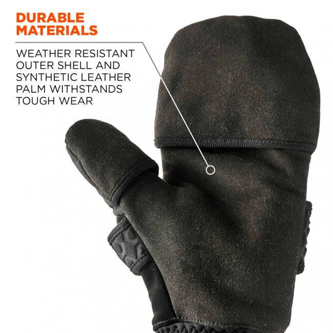 Durable materials: weather resistant outer shell and synthetic leather palm withstands tough wear. 
