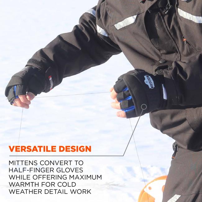 Versatile design: mittens convert to half-finger gloves while offering maximum warmth for cold weather detail work. Image shows person ice fishing with flip-tops down.