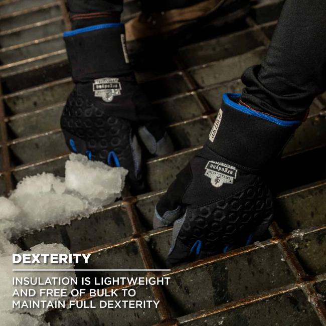 dexterity: insulation is lightweight and free of bulk to maintain full dexterity. Image shows worker gripped metal with gloves.