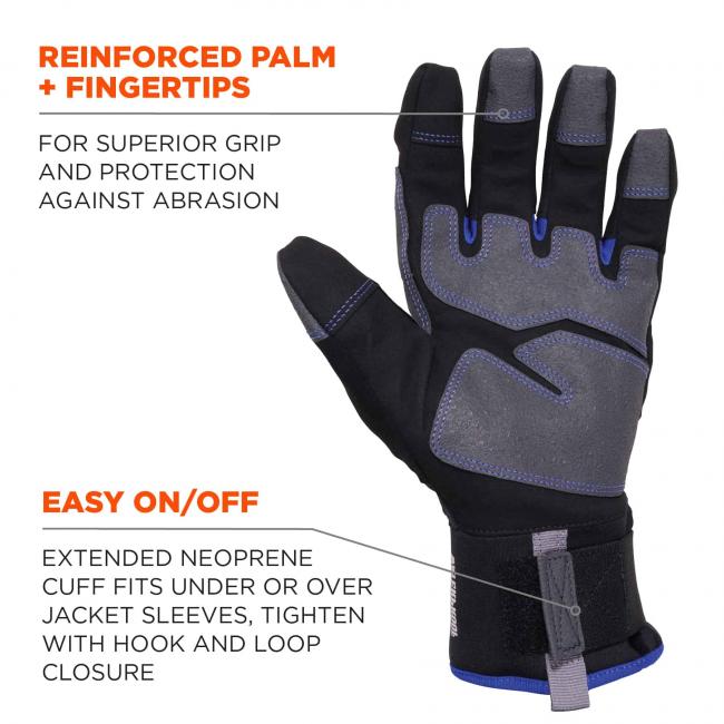 Reinforced palm + fingertips: for superior grip and protection against abrasion. Easy on/off: Extended neoprene cuff fits under or over jacket sleeves, tighten with hook and loop closure. 