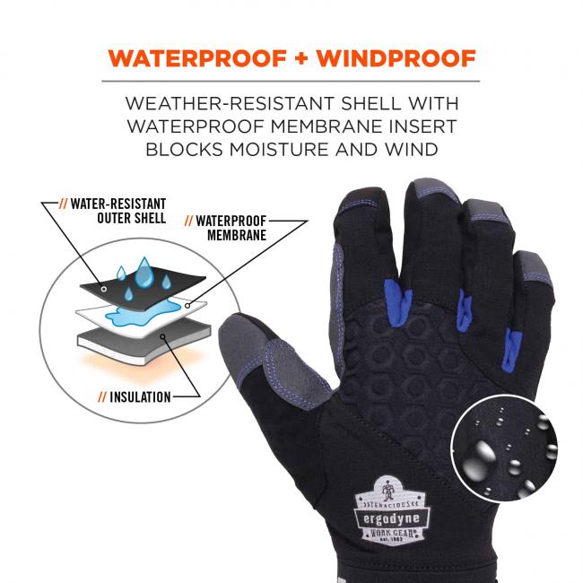 Waterproof + windproof: weather-resistant shell with waterproof membrane insert blocks moisture and wind. Diagram shows water-resistant outer shell and waterproof membrane protecting skin from moisture while insulation keeps it warm. Close up shows water droplets being resisted on outside of glove.