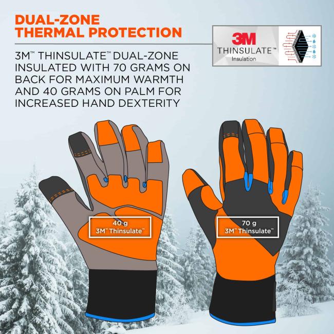 Dual-zone thermal protection. 3M Thinsulate Dual-Zone insulated with 70 grams on back for maximum warmth and 40 grams on palm for increased hand dexterity. Icon on top right shows 3M thinsulate technology.