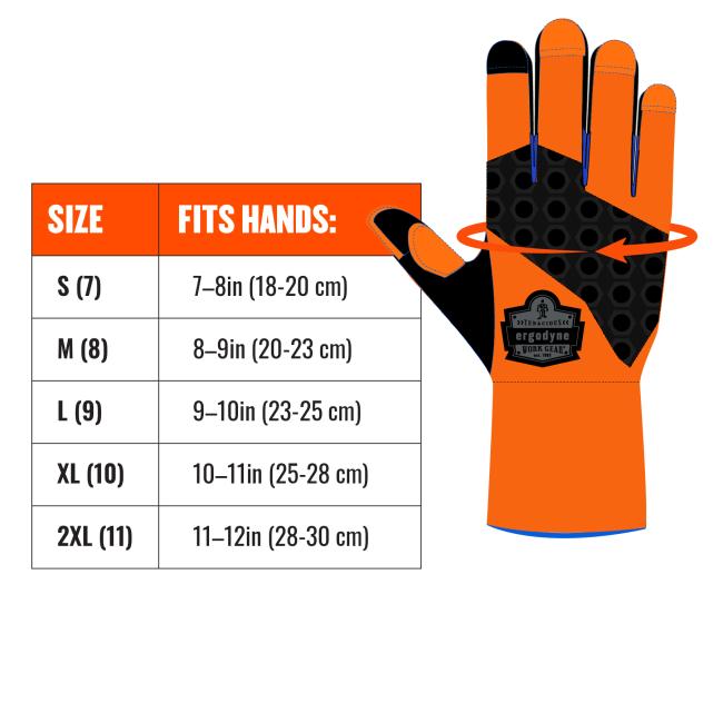 Image shows to measure across hand at base of fingers. Size chart: size xs(6) fits hands up to 7in(18cm). Size S(7) fits hands 7-8in(18-20cm). Size M(8) fits hands 8-9in(20-23cm). Size L(9) fits hands 9-10in(23-25cm). Size XL(10) fits hands 10-11in(25-28cm). Size 2XL(11) fits hands 11-12cm(28-30cm). Size 3XL(12) fits hands 12-13in(30-32cm)