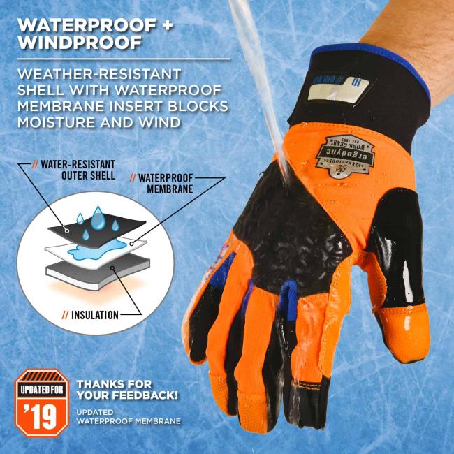 Waterproof + windproof: Weather-resistant shell with waterproof membrane insert blocks moisture and wind. Picture shows water pouring onto glove. Diagram shows waterproof membrane and water-resistant outer shell keeping water away while insulation warms skin. Icon at bottom left says: Updated for ’19. Thanks for your feedback. Updated waterproof membrane.