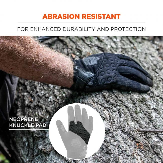 Abrasion resistant: for enhanced durability and protection. White circle indicates neoprene knuckle pad. 