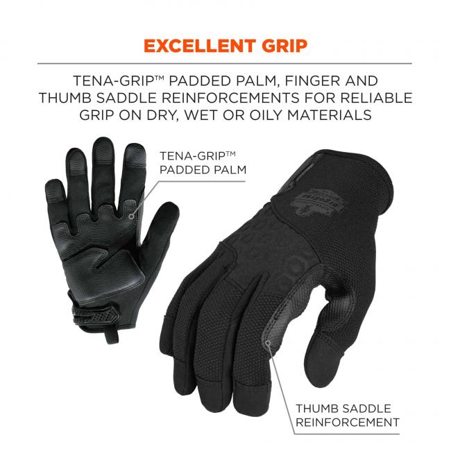 Excellent grip: Tena-Grip padded palm, finger and thumb saddle reinforcements for reliable grip on dry, wet or oily materials. Arrows pointing to gloves say Tena-Grip padded pal and thumb saddle reinforcement. 