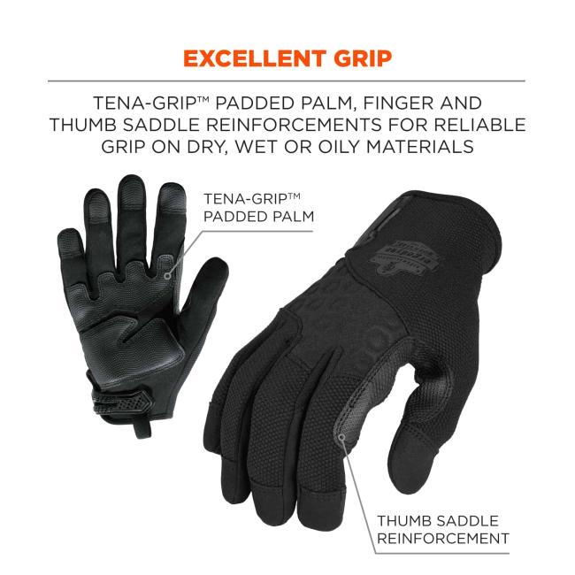 Excellent grip: Tena-Grip padded palm, finger and thumb saddle reinforcements for reliable grip on dry, wet or oily materials. Arrows pointing to gloves say Tena-Grip padded pal and thumb saddle reinforcement.